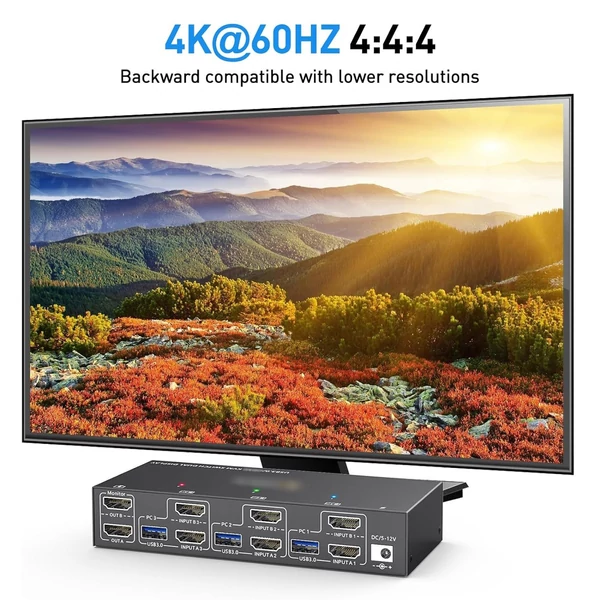 Kétmonitoros KVM kapcsoló USB 3.0 HDMI-kompatibilis 3 PC 4K@60Hz 2K@144Hz, EDID emulátor, 4 USB 3.0 porttal, vezetékes távirányítóval és kábelekkel