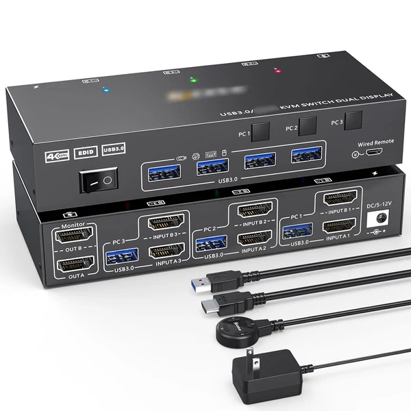 Kétmonitoros KVM kapcsoló USB 3.0 HDMI-kompatibilis 3 PC 4K@60Hz 2K@144Hz, EDID emulátor, 4 USB 3.0 porttal, vezetékes távirányítóval és kábelekkel