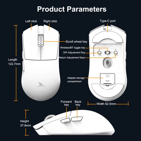 Darmoshark M3 pro vezeték nélküli BT5.2 2.4G vezetékes hárommódusú újratölthető játékegér 26000DPI állítható 650IPS 50G optikai - Fekete