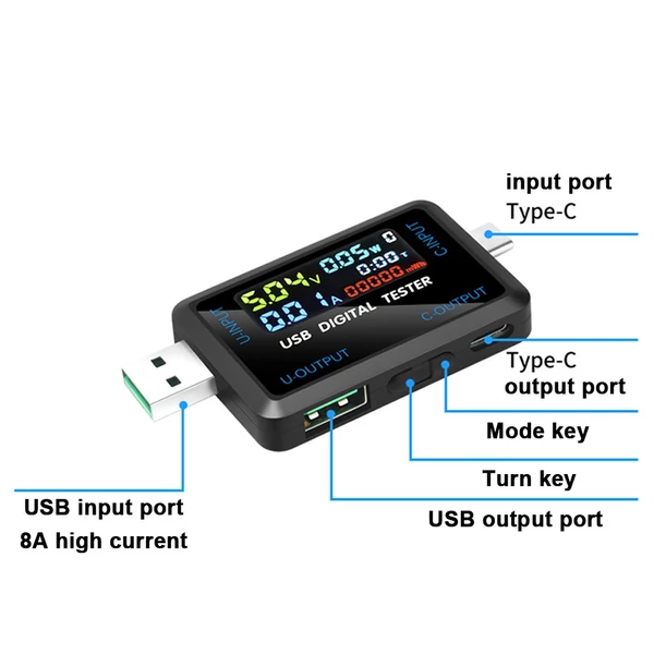 Többfunkciós USB feszültség-árammérő műszer digitális IPS kijelző kapacitásmérővel teljesítményvizsgáló 9 mérési adat tárolási funkcióval - USB + Type-C port