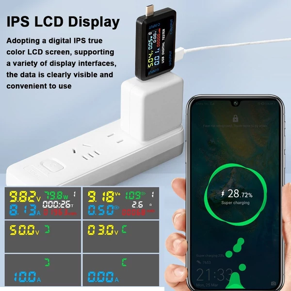 Többfunkciós USB feszültség-árammérő műszer digitális IPS kijelző kapacitásmérővel teljesítményvizsgáló 9 mérési adat tárolási funkcióval - USB + Type-C port