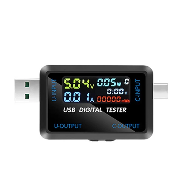 Többfunkciós USB feszültség-árammérő műszer digitális IPS kijelző kapacitásmérővel teljesítményvizsgáló 9 mérési adat tárolási funkcióval - USB + Type-C port