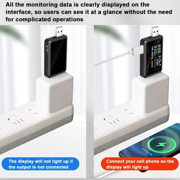 Többfunkciós USB feszültség-árammérő műszer digitális IPS kijelző kapacitásmérővel teljesítményvizsgáló 9 mérési adat tárolási funkcióval - USB port