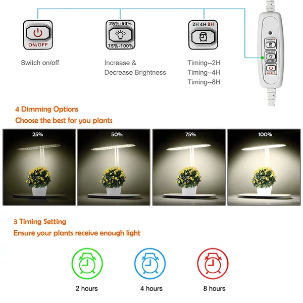 10 W-os LED növekedési fény, 2/4/8 órás automatikus be-/kikapcsoló időzítő, 4 fokozatban szabályozható, állítható magasságú teljes spektrum