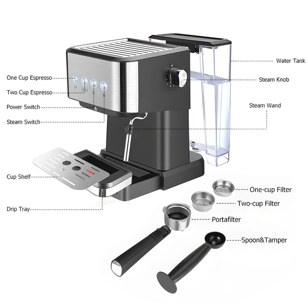 Eszpresszógép 1050 W 15 bar minden egyben félautomata kávéfőző tejhabosító gőzpálcával / 1,5 literes víztartály / kávészűrő / szűrőkosár / szabotázs kanál cappuccinohoz / tejeskávéhoz - Fekete