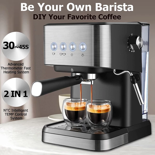 Eszpresszógép 1050 W 15 bar minden egyben félautomata kávéfőző tejhabosító gőzpálcával / 1,5 literes víztartály / kávészűrő / szűrőkosár / szabotázs kanál cappuccinohoz / tejeskávéhoz - Fekete