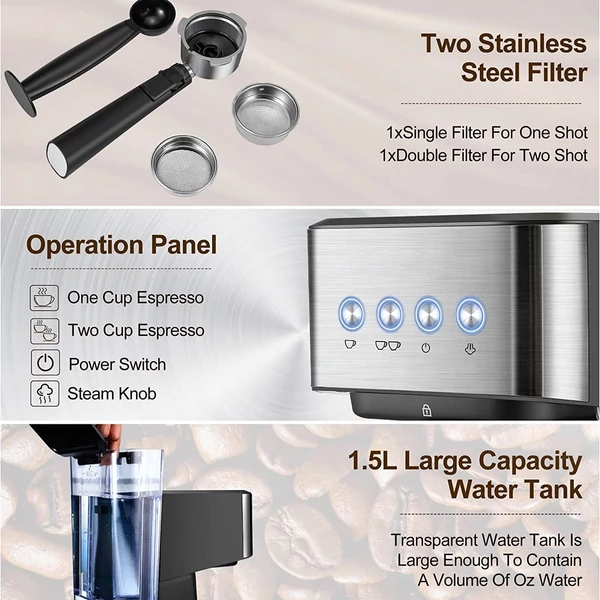 Eszpresszógép 1050 W 15 bar minden egyben félautomata kávéfőző tejhabosító gőzpálcával / 1,5 literes víztartály / kávészűrő / szűrőkosár / szabotázs kanál cappuccinohoz / tejeskávéhoz - Fekete
