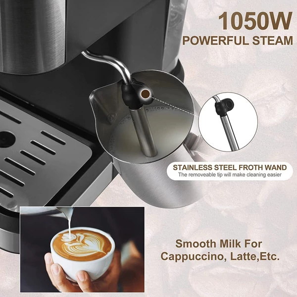 Eszpresszógép 1050 W 15 bar minden egyben félautomata kávéfőző tejhabosító gőzpálcával / 1,5 literes víztartály / kávészűrő / szűrőkosár / szabotázs kanál cappuccinohoz / tejeskávéhoz - Fekete