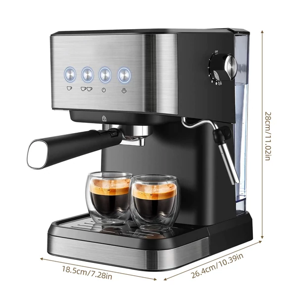 Eszpresszógép 1050 W 15 bar minden egyben félautomata kávéfőző tejhabosító gőzpálcával / 1,5 literes víztartály / kávészűrő / szűrőkosár / szabotázs kanál cappuccinohoz / tejeskávéhoz - Fekete