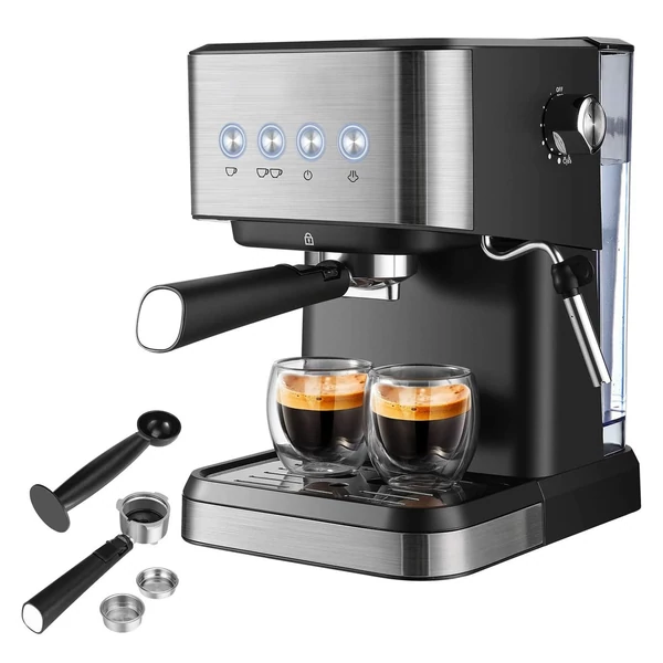 Eszpresszógép 1050 W 15 bar minden egyben félautomata kávéfőző tejhabosító gőzpálcával / 1,5 literes víztartály / kávészűrő / szűrőkosár / szabotázs kanál cappuccinohoz / tejeskávéhoz - Fekete