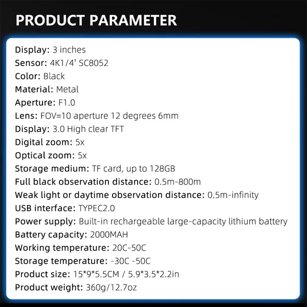 Infravörös éjjellátó távcső 3 hüvelykes kijelző 4K érzékelő 5X digitális optikai zoom 2000 mAh akkumulátor 800 millió látótáv -  32GB memóriakártyával