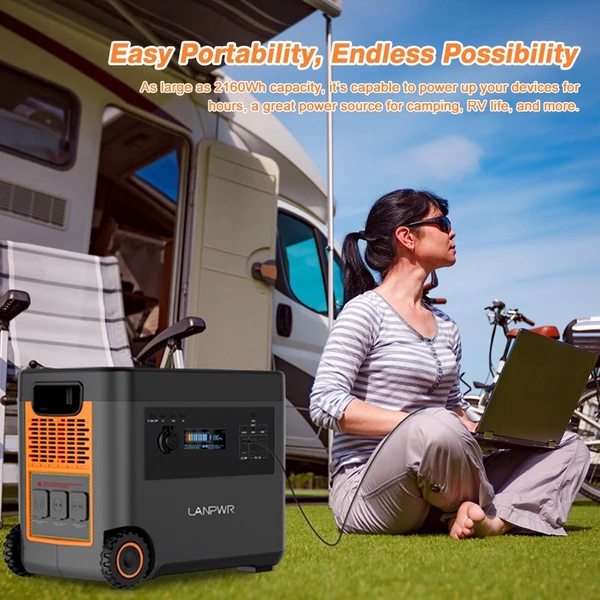 LANPWR D5 2500 W 2160 Wh LifePo4 napelem generátor 15 W vezeték nélküli töltés 14 aljzattal AC gyorstöltés erkélyes napelemes rendszerhez, kempingezéshez, lakóautó kiránduláshoz, szabadtéri partihoz, otthoni használatra