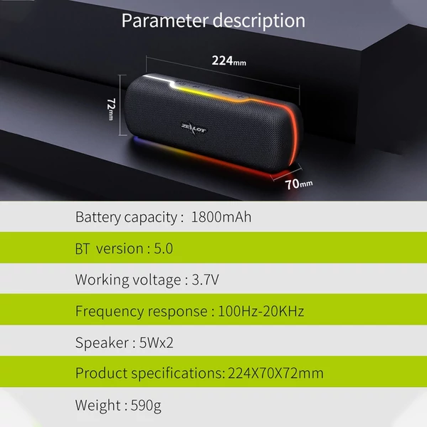 ZEALOT S55 hordozható vezeték nélküli hangszóró BT 5.0 technológiával, vízálló és porálló - Fekete