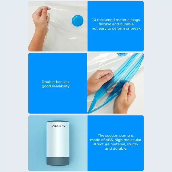 Creality 3D nyomtatószálas elektromos szivattyú és kompressziós tárolótáska vákuumtömítő szárazzsákok PLA ABS nylon fa TPU-hoz