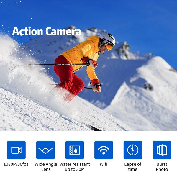 1080P Ultra HD akciókamera 2,0 hüvelykes LCD-képernyővel, 12 MP-es 30 m-es vízálló rázkódásgátló 120°-os széles látószögű, vízálló tok-adapterekkel