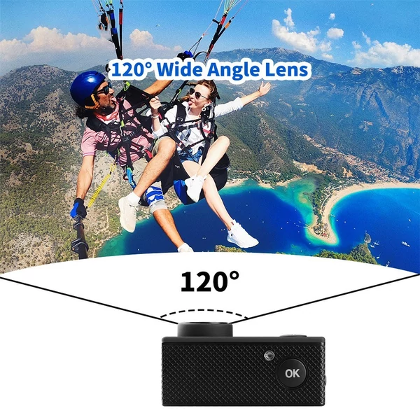 1080P Ultra HD akciókamera 2,0 hüvelykes LCD-képernyővel, 12 MP-es 30 m-es vízálló rázkódásgátló 120°-os széles látószögű, vízálló tok-adapterekkel