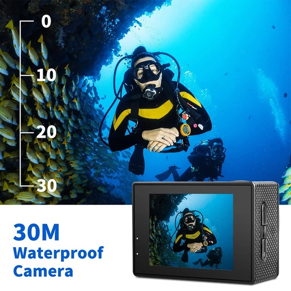 1080P Ultra HD akciókamera 2,0 hüvelykes LCD-képernyővel, 12 MP-es 30 m-es vízálló rázkódásgátló 120°-os széles látószögű, vízálló tok-adapterekkel