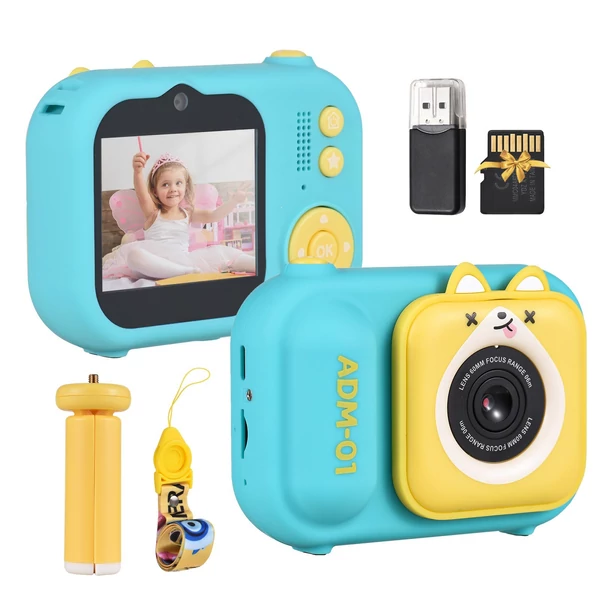 Andoer 1080P mini digitális fényképezőgép gyerekeknek, 48 MP, 2,4 hüvelykes IPS képernyő, kettős objektív, 32 GB memóriakártyával, kártyaolvasóval és asztali állvánnyal - Kék