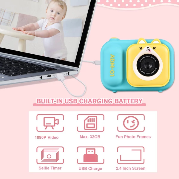Andoer 1080P mini digitális fényképezőgép gyerekeknek, 48 MP, 2,4 hüvelykes IPS képernyő, kettős objektív, 32 GB memóriakártyával, kártyaolvasóval és asztali állvánnyal - Kék