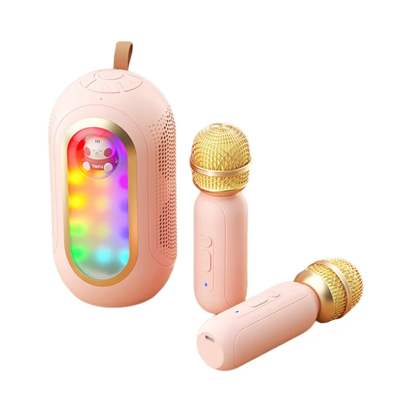 F68 mini karaoke gép vezeték nélküli 2 mikrofonnal és 1 karaoke hangszóróval - Pink