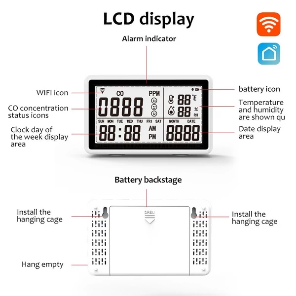 Tuya Wifi hordozható 2 az 1-ben CO-érzékelő, hőmérséklet- és páratartalom-mérő, levegőminőség-érzékelő 3,1 hüvelykes LCD-képernyővel, naptár- és időkijelző funkció