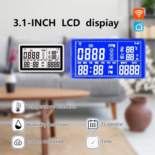 Tuya Wifi hordozható 2 az 1-ben CO-érzékelő, hőmérséklet- és páratartalom-mérő, levegőminőség-érzékelő 3,1 hüvelykes LCD-képernyővel, naptár- és időkijelző funkció