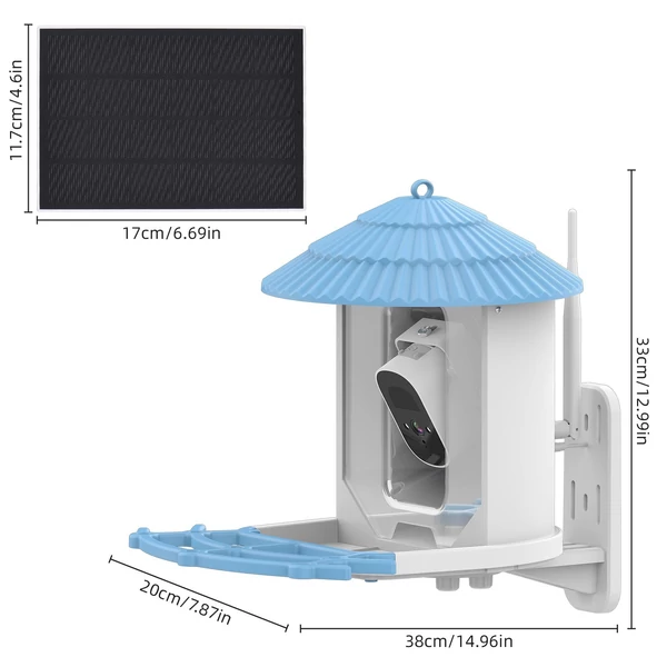 Intelligens madáretető kamerával + napelemes AI madárfajok azonosítása - Kék