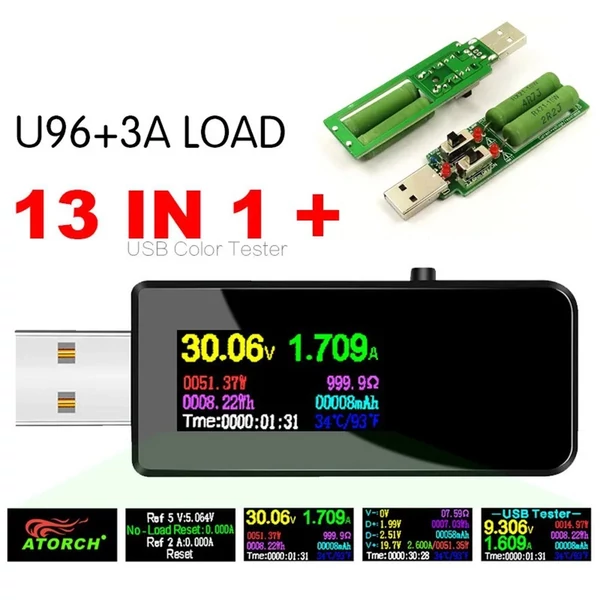 Hordozható 13 az 1-ben USB-tesztelő elektromos áram, feszültségjelző színes LCD kijelzővel - Fekete