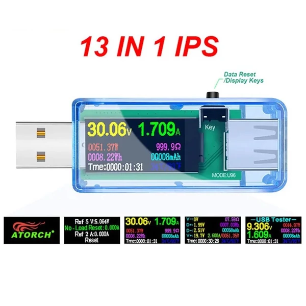 Hordozható 13 az 1-ben USB-tesztelő elektromos áram, feszültségjelző színes LCD kijelzővel - Kék