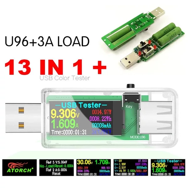 Hordozható 13 az 1-ben USB-tesztelő elektromos áram, feszültségjelző színes LCD kijelzővel - Átlátszó
