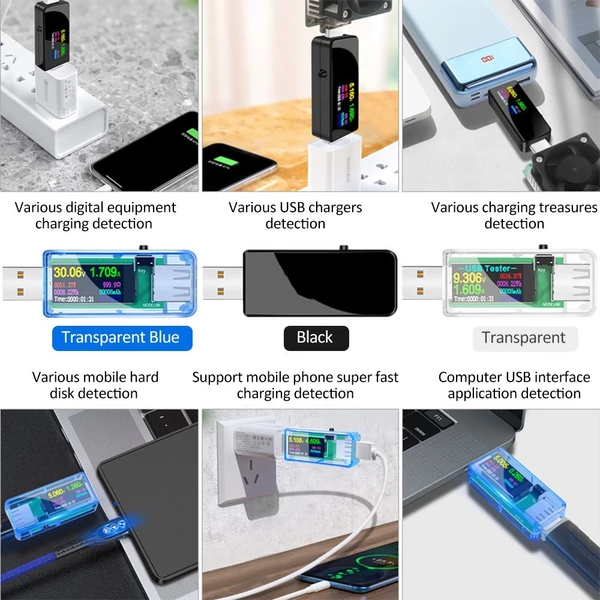 Hordozható 13 az 1-ben USB-tesztelő elektromos áram, feszültségjelző színes LCD kijelzővel - Átlátszó