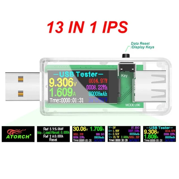 Hordozható 13 az 1-ben USB-tesztelő elektromos áram, feszültségjelző színes LCD kijelzővel - Átlátszó