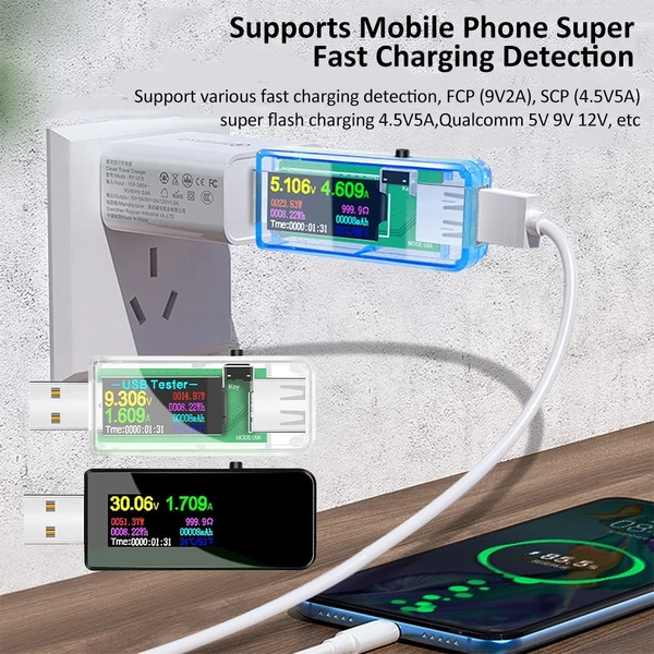 Hordozható 13 az 1-ben USB-tesztelő elektromos áram, feszültségjelző színes LCD kijelzővel - Átlátszó