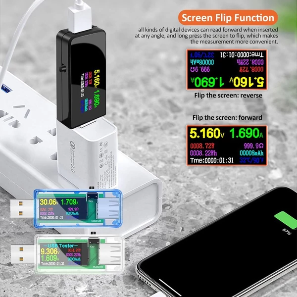 Hordozható 13 az 1-ben USB-tesztelő elektromos áram, feszültségjelző színes LCD kijelzővel - Átlátszó