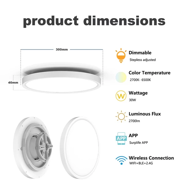 LED mennyezeti lámpa 30W 2700LM kerek lapos WiFi BT RGBIC/CCT/RGB 2700K-6500K