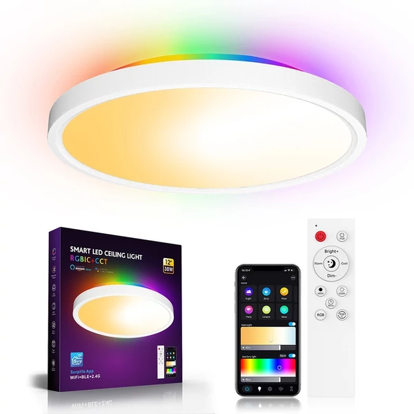 LED mennyezeti lámpa 30W 2700LM kerek lapos WiFi BT RGBIC/CCT/RGB 2700K-6500K