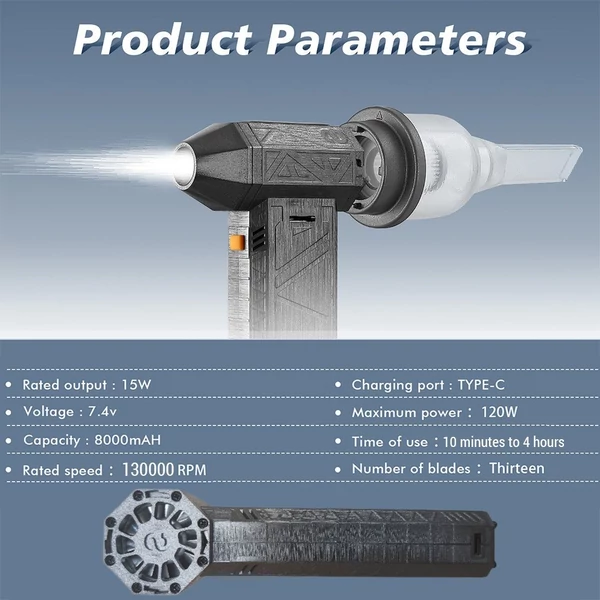 Mini Turbo Jet ventilátor, újratölthető 52 m/s - 8000 mAh, ventilátor fúvófejjel és biztonsági kalapácsfejjel