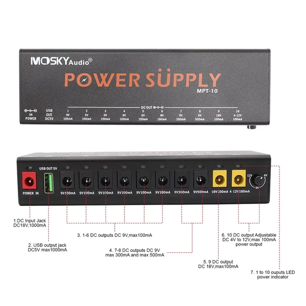 MOSKYAUDIO MPT-10 11 csatornás gitárpedál tápegység független rövidzárlatvédelmi pedálkártyával