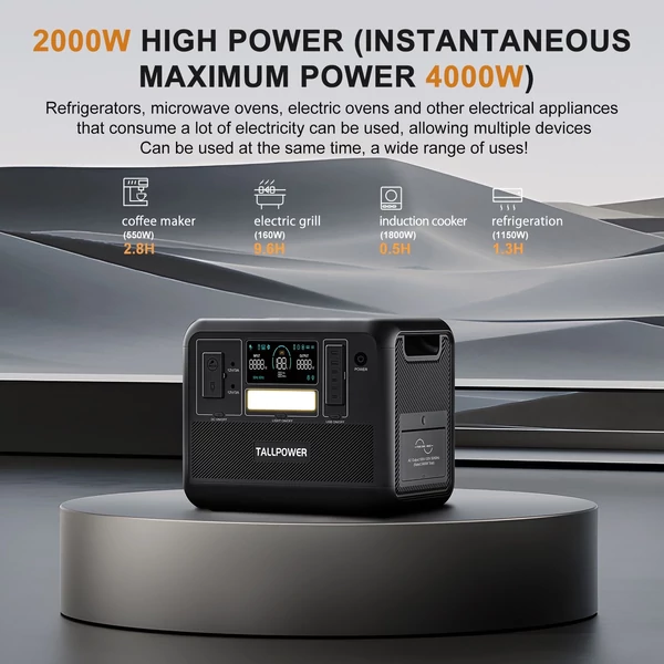 TALLPOWER V2000 hordozható erőmű 1536 Wh LiFePo4 napelem generátor 2000 W AC kimenet