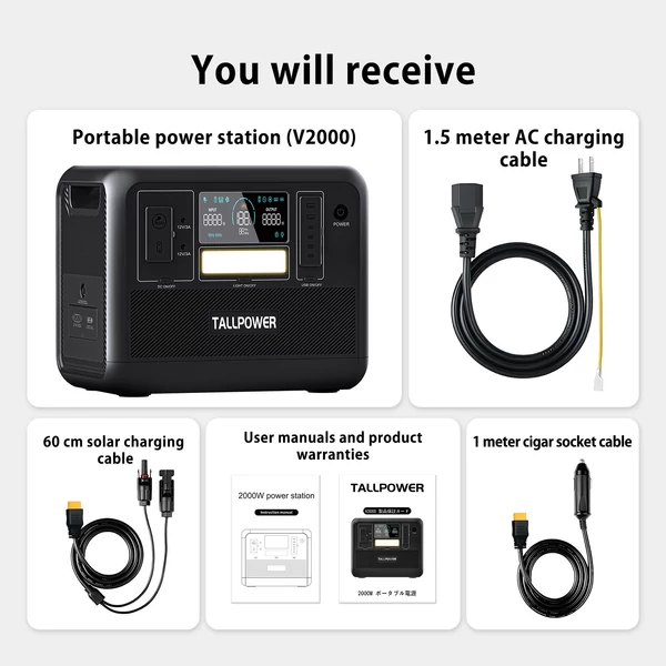 TALLPOWER V2000 hordozható erőmű 1536 Wh LiFePo4 napelem generátor 2000 W AC kimenet