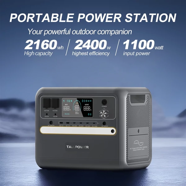 TALLPOWER V2400 hordozható erőmű 2160 Wh LiFePo4 napelem generátor 2400 W AC kimenet - Szürke