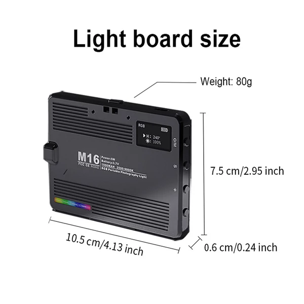 M16 5W zsebes LED RGB fényképező lámpa 3000K-9900K színhőmérséklet fokozatmentesen szabályozható