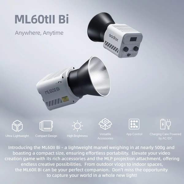 GODOX ML60II Bi Kit 70 W videolámpa készlet kétszínű fényképezési lámpa elemfogantyúval, szabványos reflektor tartóval és 1/4 adapterrel