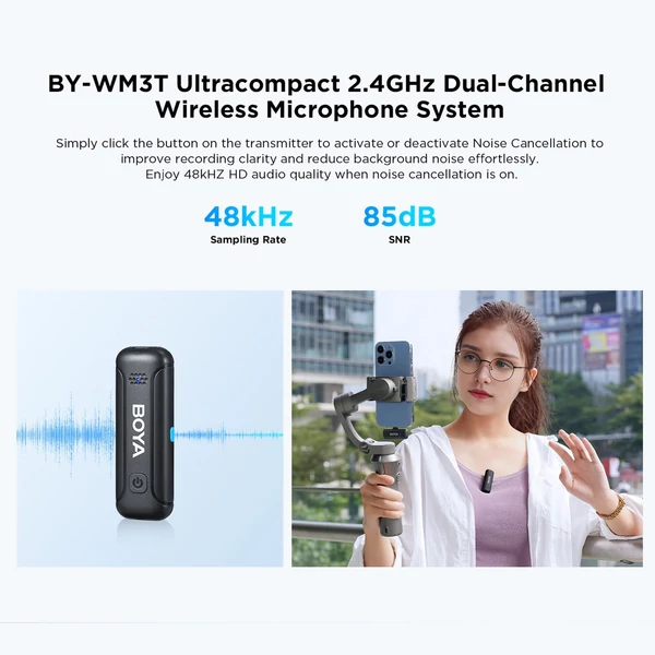 BOYA BY-WM3T-U2 vezeték nélküli mikrofonrendszer 1 vevővel + 2 adóval + töltődoboz 3,5 mm-es TRS interfésszel kompatibilis