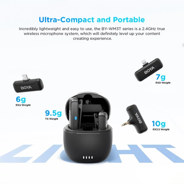 BOYA BY-WM3T-U2 vezeték nélküli mikrofonrendszer 1 vevővel + 2 adóval + töltődoboz 3,5 mm-es TRS interfésszel kompatibilis