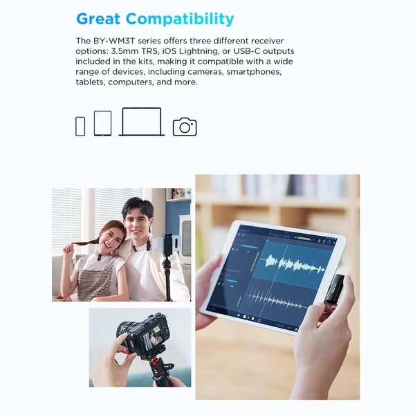BOYA BY-WM3T-U2 vezeték nélküli mikrofonrendszer 1 vevővel + 2 adóval + töltődoboz, kompatibilis az IOS Lightning digitális kimenettel