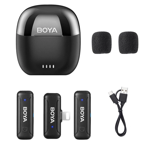 BOYA BY-WM3T-U2 vezeték nélküli mikrofonrendszer 1 vevővel + 2 adóval + töltődoboz, kompatibilis az IOS Lightning digitális kimenettel