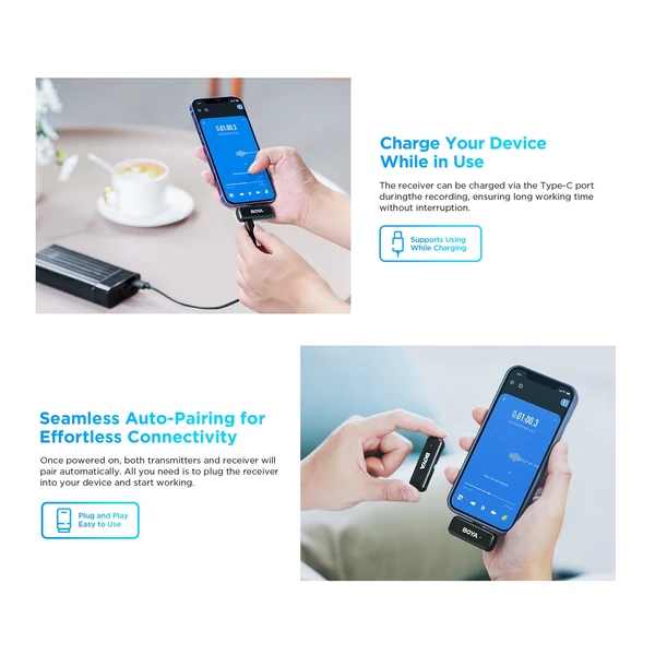 BOYA BY-WM3T-U2 vezeték nélküli mikrofonrendszer 1 vevővel + 2 adóval + töltődoboz, kompatibilis az IOS Lightning digitális kimenettel
