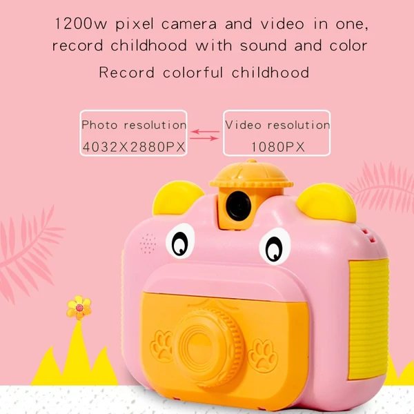 1080P aranyos azonnali fényképezőgép gyerekeknek papírtekercsekkel, 32 GB-os memóriakártyával és matricákkal - Pink