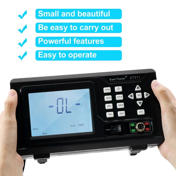 East Tester ET511 DC hordozható mikroellenállástesztelő egyenáramú LCD kijelző háttérvilágítással az ellenállásméréshez (10μΩ~20kΩ)